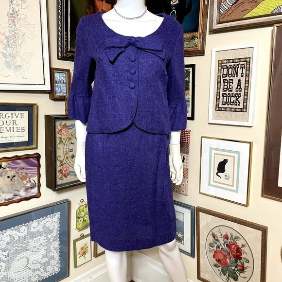 50s Vintage Patty Woodard Purple Woven Skirt and Jacket set with Ruffle Sleeve a - Picture 1 of 9